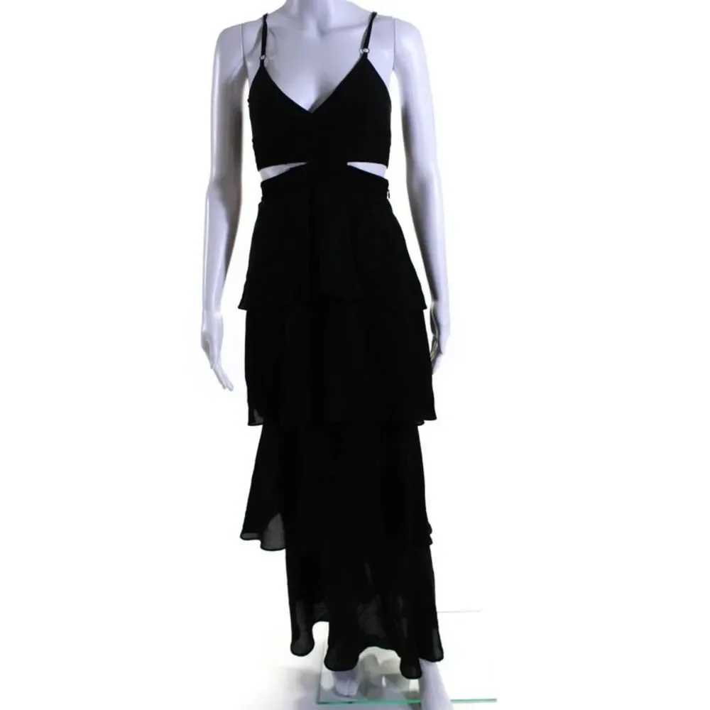 ALC Women's V-Neck Spaghetti Straps Cutout Ruffle Tiered Maxi Dress Black Size 0